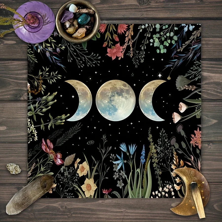 🔮 Moon Phase Garden Tarot Tablecloth – Mystical Triple Moon Altar Cloth for Divination, Witchcraft & Horoscope Rituals