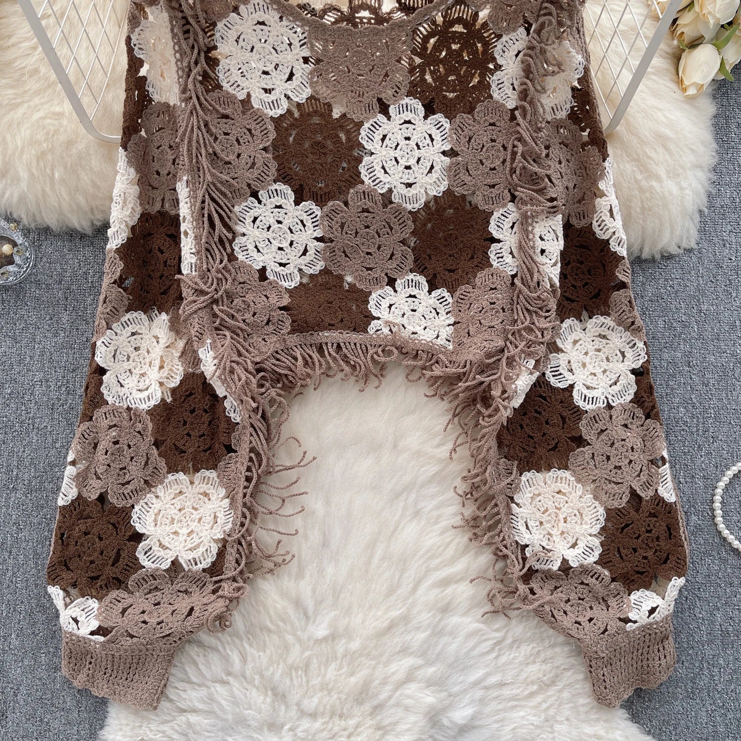 👚 SINGREINY Tassels Knit Hollow Out Top – Hook Flower Design, Long Sleeves, Women’s Streetwear, Chic Bohemian Y2K Vintage Loose Blouse