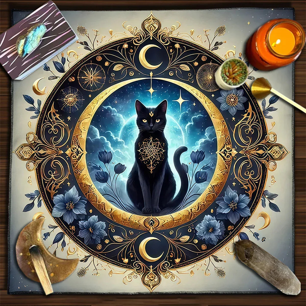 🔮Colorful Mandala Black Cat Altar Cloth – Tarot Tablecloth with Moon & Starry Sky for Witchcraft, Divination & Mystical Home Decor TLB (824)