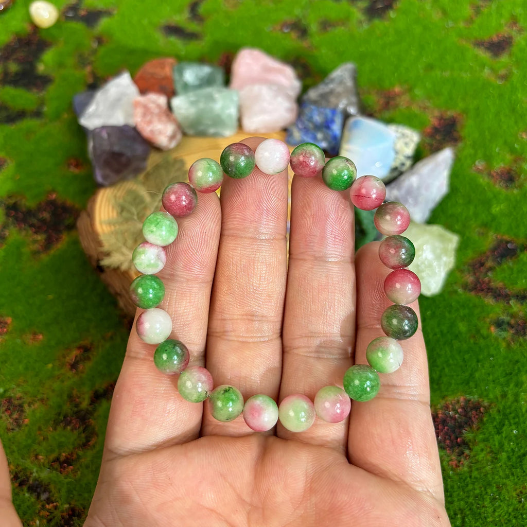 ✨ Bohemian Wishing Stone Bracelet – Watermelon Tourmaline Beaded Stretch Bracelet – Ideal Crystal Jewelry Gift