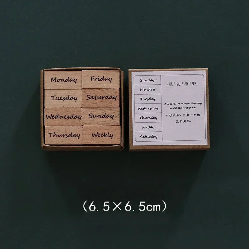 🔤 Wooden Alphabet Letter Stamps Set – Vintage Uppercase & Lowercase Rubber Stamps with DIY Self Ink Pad | Perfect for Diary, Album, Handmade Art & Craft 8pcs weeks