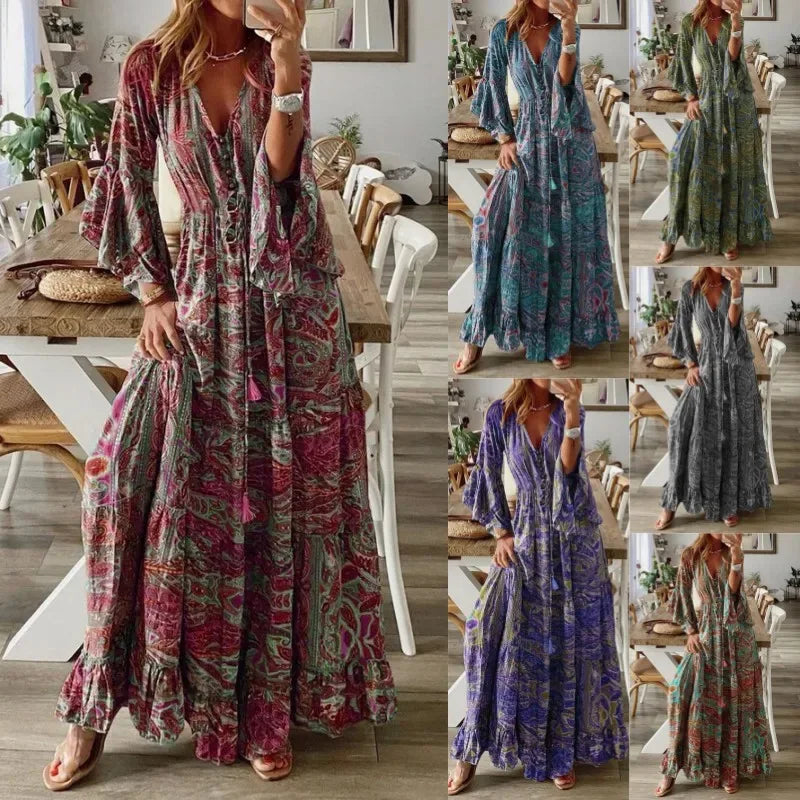 European American Bohemian Floral Vacation Dress with Flared Sleeves and High Waisted Long Skirt