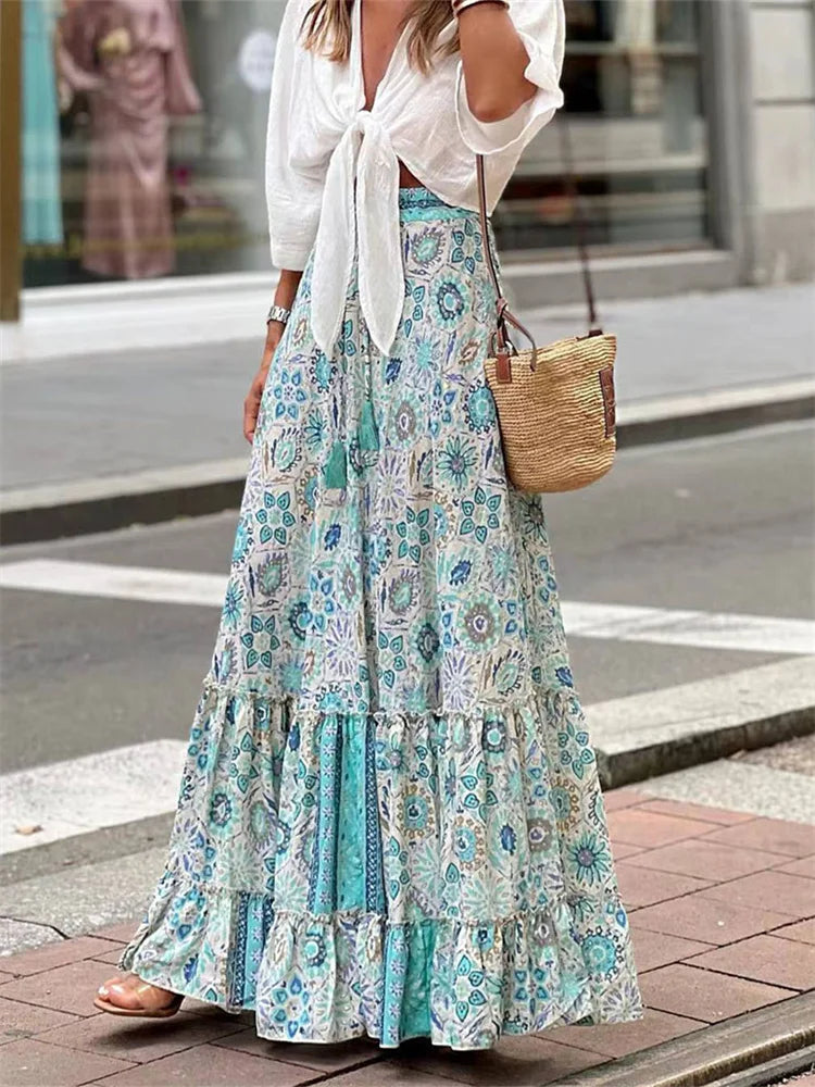 👗 Women’s Flowy Boho Skirt – Printed Ruffled Hem, Summer Casual Long Skirt for Beach, Vacation, Club, and Streetwear Aesthetic