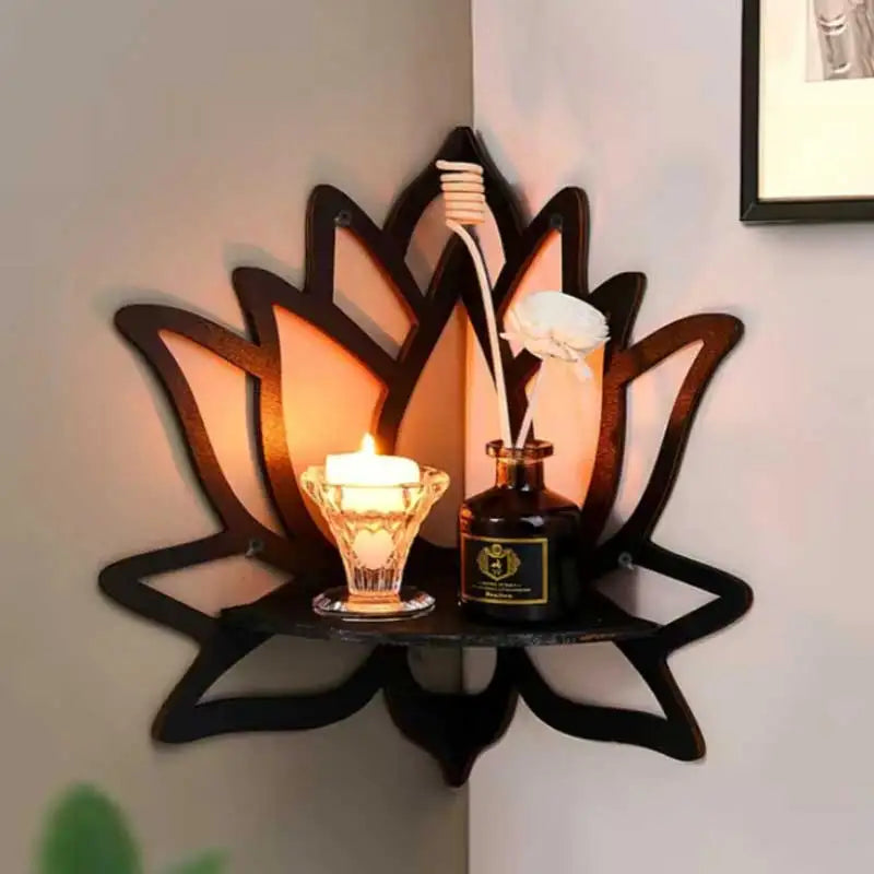 Wooden Lotus Aromatherapy Organizer – Hollow Decorative Rack with Essential Oil & Candle Holder for Wall-Mounted Corner Spaces