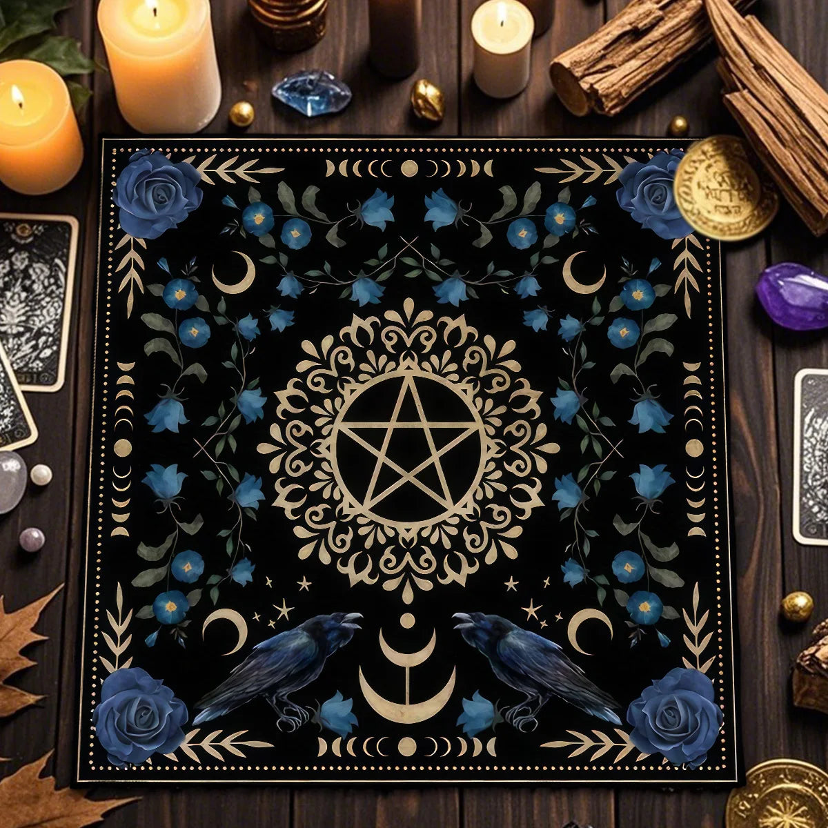 🃏Crow & Moon Phase Tarot Tablecloth – Star Divination Altar Cloth for Runes, Witchcraft Rituals & Mystical Party Game Decor TLB (366)