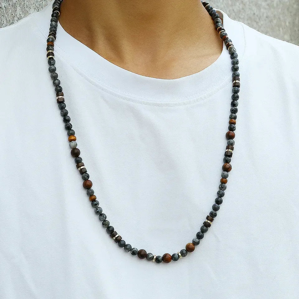 🌲 The "Nomad's Talisman": Vintage Flash Stone & Wooden Bead Tribal Necklace for Men