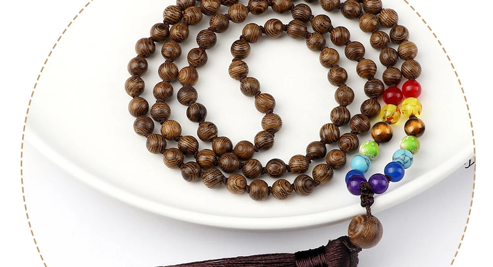 🌳 7 Chakra Wooden Japamala Necklace: Vintage Tree of Life 108 Bead Mala – Meditation, Yoga & Prayer Rosary with Healing Tassel