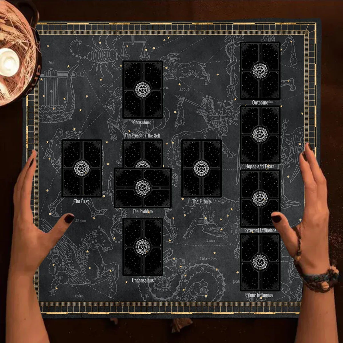 🔮Golden Celtic Cross Tarot Tablecloth – Elegant Polyester Altar Cloth Featuring Iconic Celtic Cross, Moon, Stars, and Floral Motifs HDS-2508241036