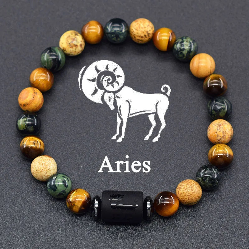 ✨ 12 Zodiac Constellation Sign Bracelet – Real Natural Tiger Eye Stone Bead – Leo & Taurus Charm Couple Jewelry for Men & Women 4 Aries 8 mm Beads