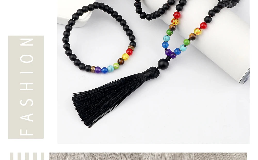 🌑 Black Onyx & 7 Chakra Mala: Shiny/Matte 108 Bead Necklace & Wrap Bracelet – Grounding, Protection & Anxiety Relief Meditation Rosary