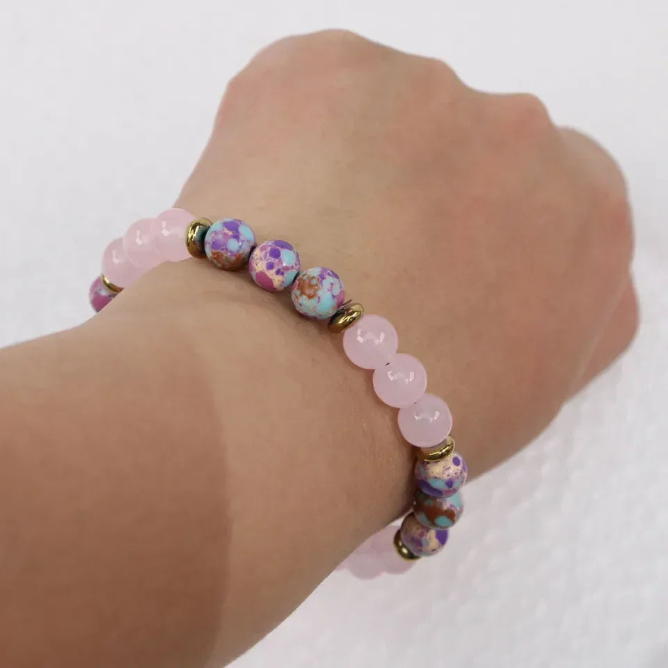 🌈 The "Royal Bloom" Bracelet: Rainbow Imperial Jasper (Emperor Stone) Heart & Flower Bangle