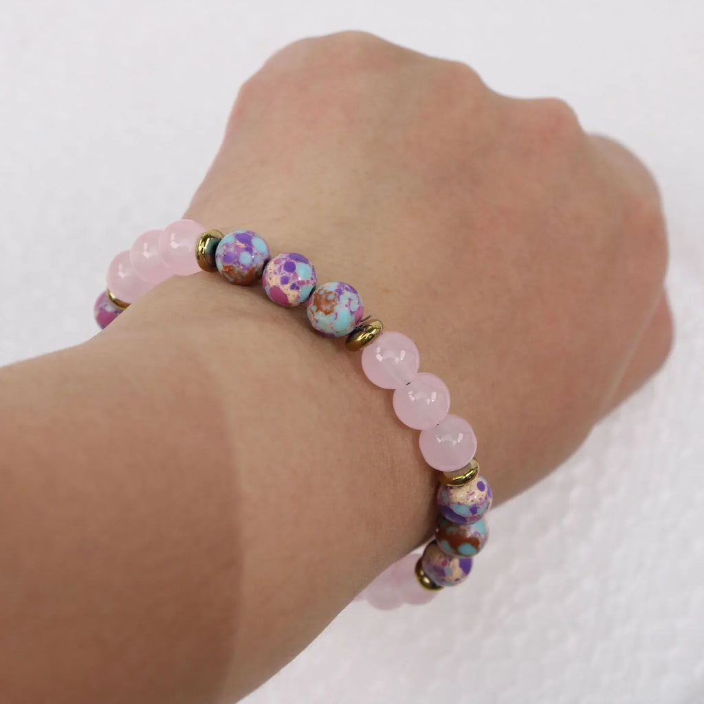 🌈 The "Royal Bloom" Bracelet: Rainbow Imperial Jasper (Emperor Stone) Heart & Flower Bangle
