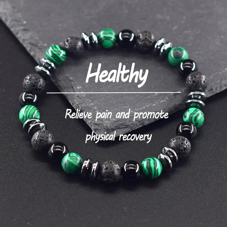 🌋 The "Mystic Earth" Diffuser Bracelet: Natural Labradorite & Volcanic Lava Stone for Balance & Protection 1 Malachite 8 mm Beads