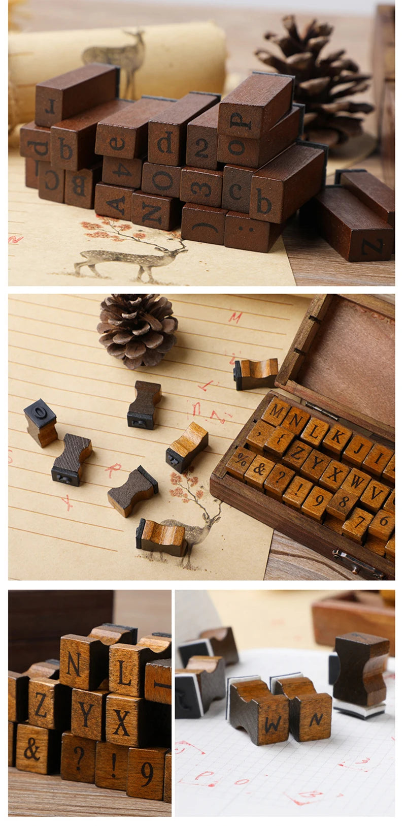 🔤 Wooden Alphabet Letter Stamps Set – Vintage Uppercase & Lowercase Rubber Stamps with DIY Self Ink Pad | Perfect for Diary, Album, Handmade Art & Craft