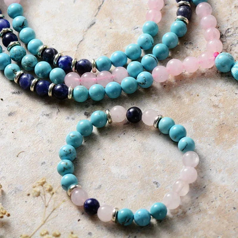 🐯 Retro Ethnic Tiger Eye & Turquoise 108 Bead Necklace: Healing Protection Mala with Lobster Clasp – Boho Statement Jewelry for Men & Women
