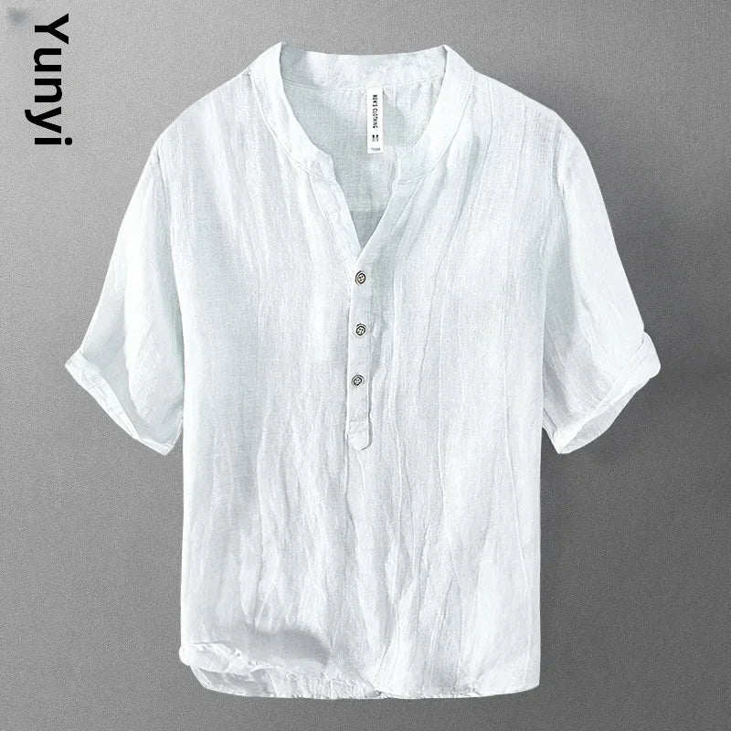🌿 The Zen-Essential Pure Linen Top: Premium Men’s 100% Organic Linen V-Neck Shirt – Loose Fit Vintage Silhouette, Breathable Half-Sleeve Design, and Ultra-Lightweight Summer Casual Tee white