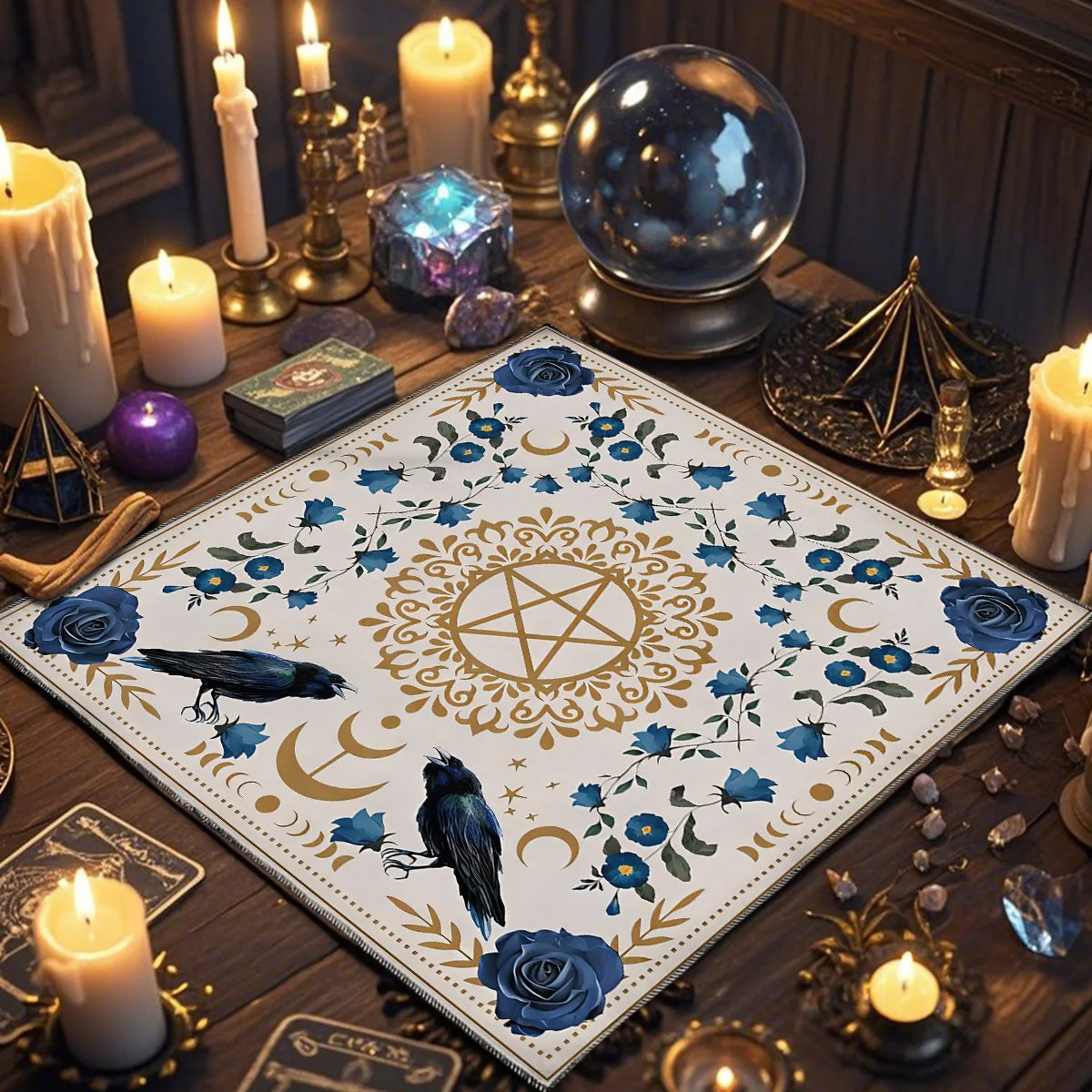 🃏Crow & Moon Phase Tarot Tablecloth – Star Divination Altar Cloth for Runes, Witchcraft Rituals & Mystical Party Game Decor