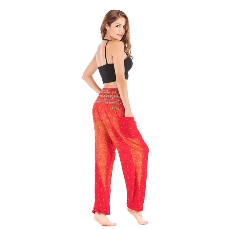 Women's Boho Yoga Pants - High Waist Floral Print Harem Leggings with Pockets for Comfort and Style