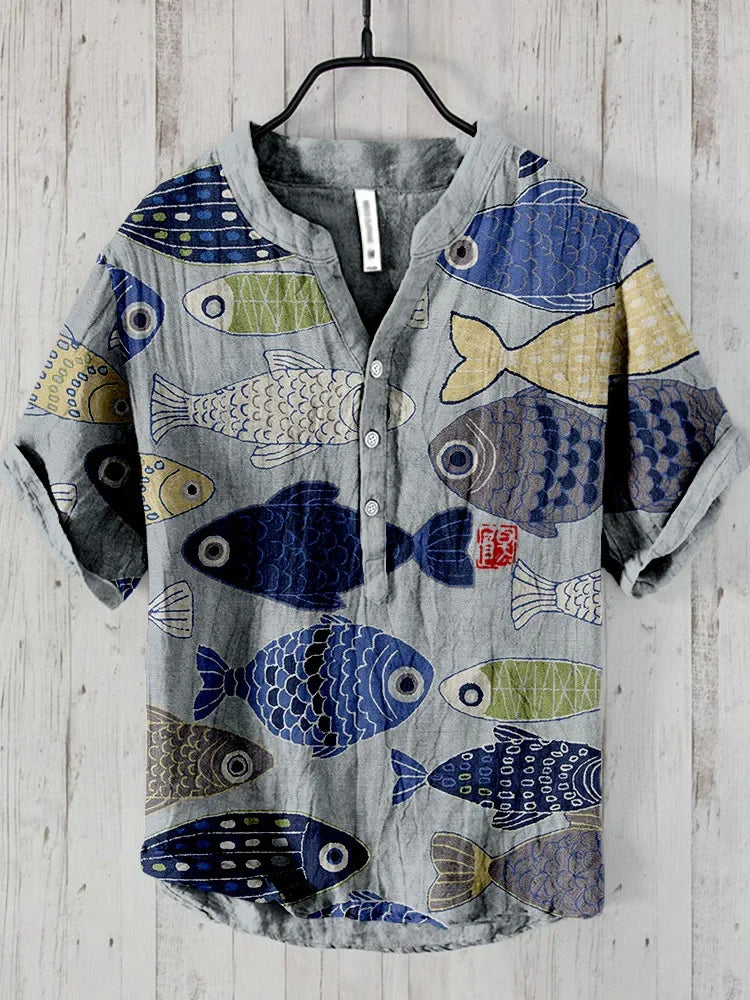 🌊 The Euro-Wave Heritage: Premium Men’s Summer Shirt – High-Definition Euro-American Wave Graphic Print, Modern Mandarin Standing Collar, and Sophisticated Urban-Resort Short-Sleeve Button-Down ZX17