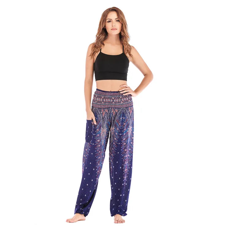🧘‍♀️ Women’s Yoga Boho Pants – Floral Print Harem Leggings with Pocket, High Waist, Elastic Waistband, and Ankle Straps
