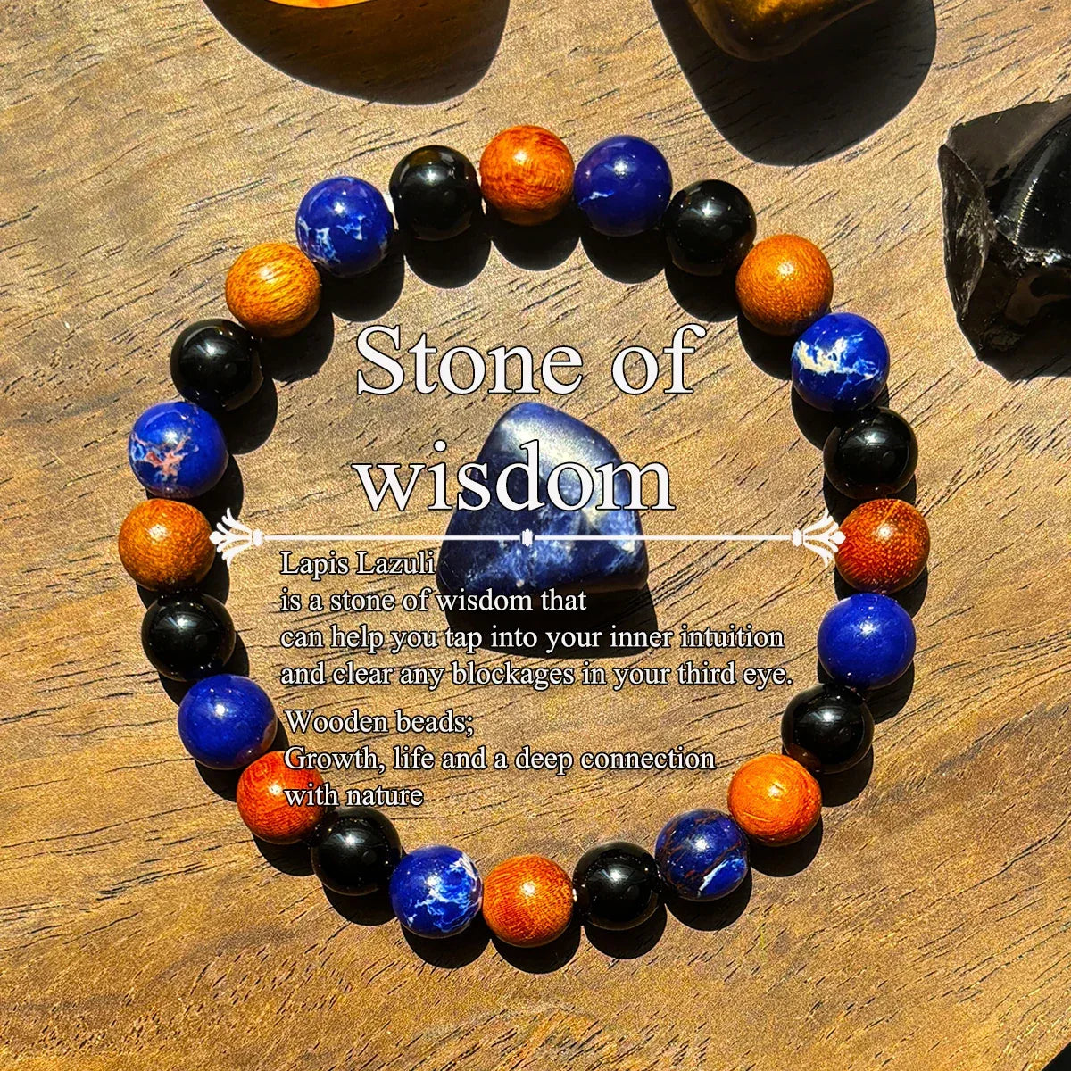 ✨ Wisdom and Life Bracelet – Handmade Lapis Lazuli and Wood Beads – Homeopathic Healing Jewelry for Men and Women