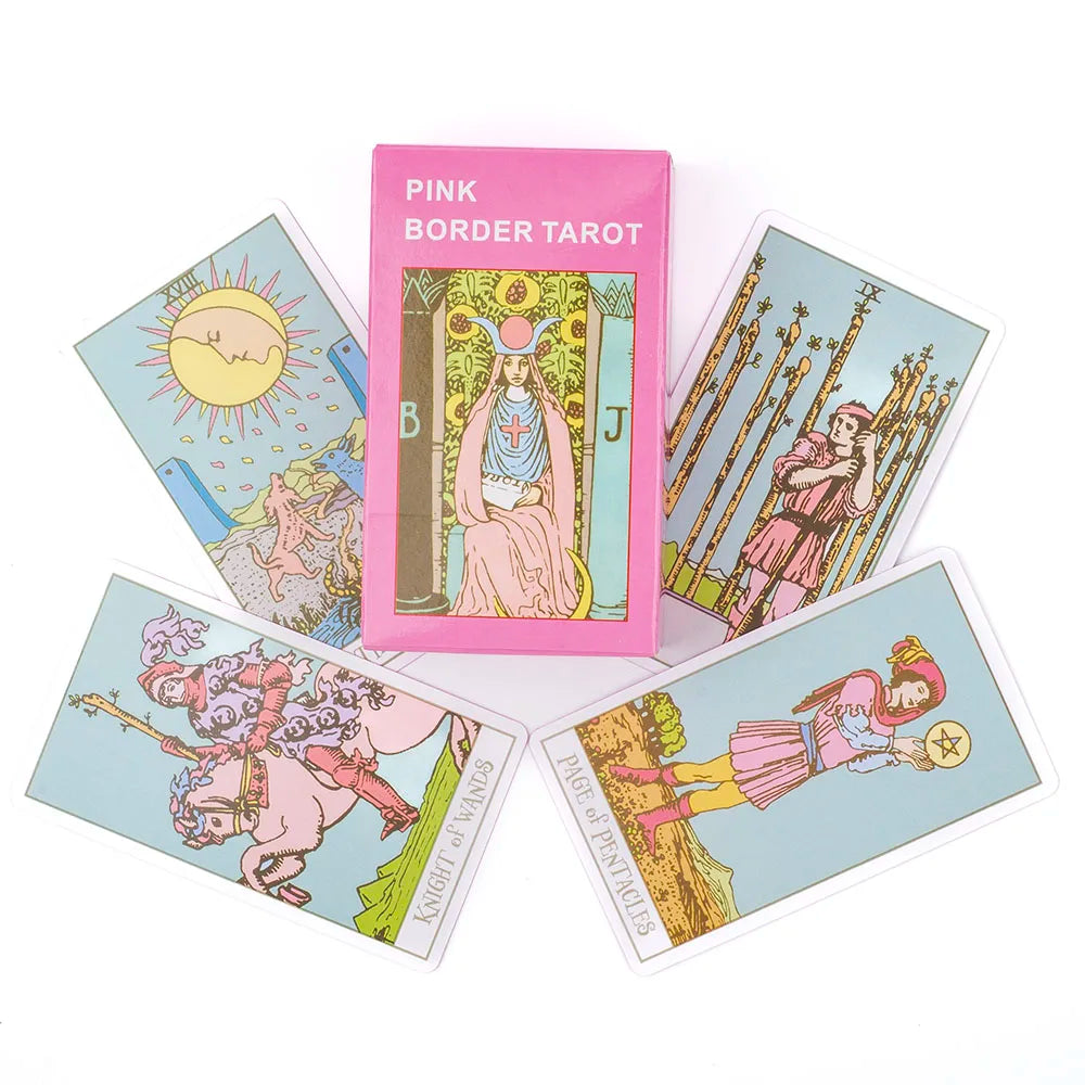 🌸Pink Border Tarot Card Deck with Guidebook – 78 English Cards for Family Divination & Party Game
