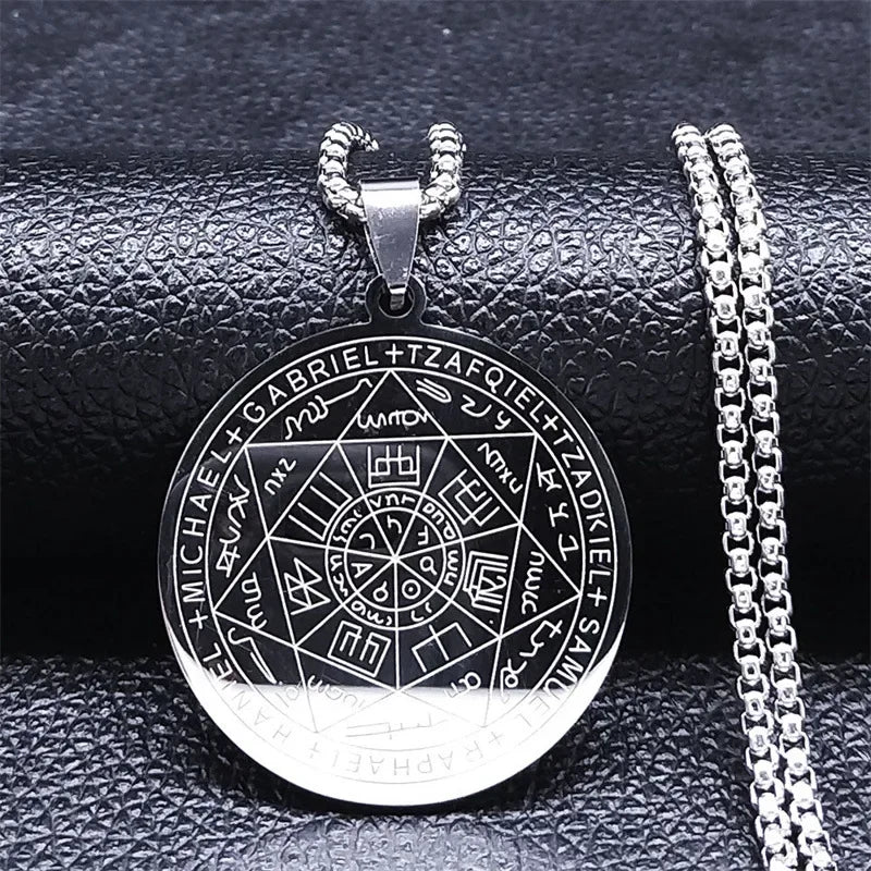 ✨ Seven Angels Medal Stainless Steel Glass Necklace – Divine Protection Talisman | Solomon & Saint Michael Pendant | Couple Party Jewelry Gifts Silver-3