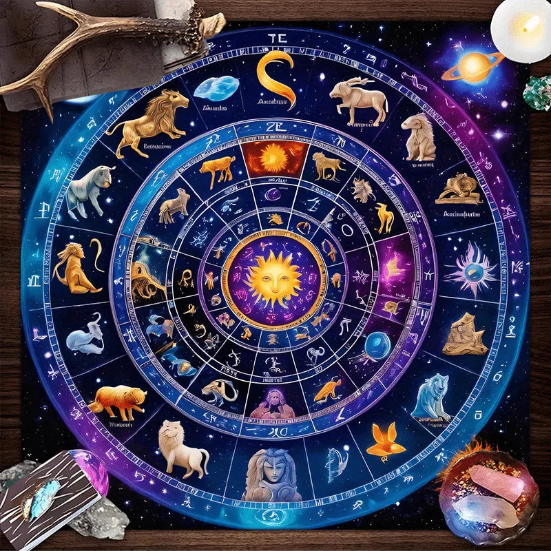 🃏 VIKAMA Astrological Magic Tablecloth – Glowing Sun & Twelve Zodiac Signs Round Altar Cloth for Tarot Readings, Astrology Rituals & Mystic Home Decor 75X75(2.5X2.5FT