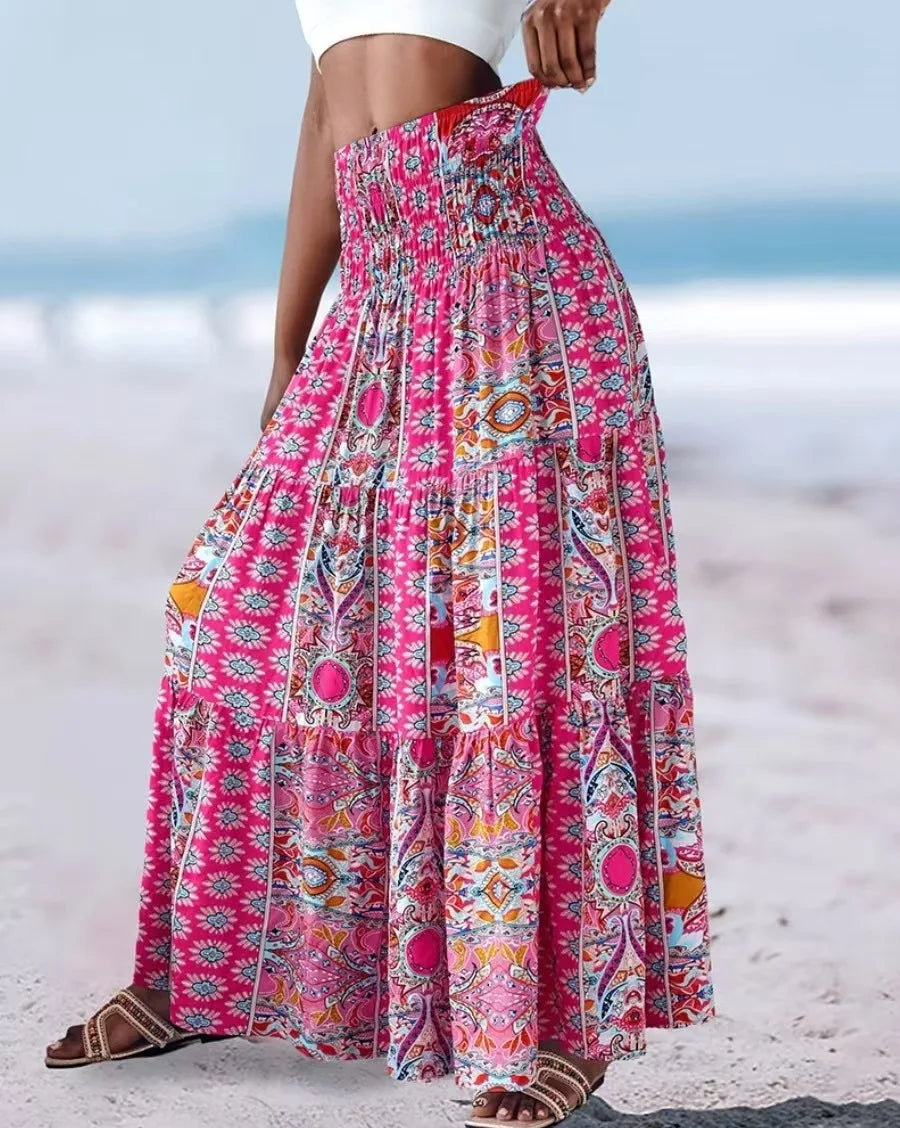 👗 Fashion Boho Printed Long Skirt – Casual Retro Vacation Style with Elastic Waist and A-line Big Hem for Women, Spring Summer New