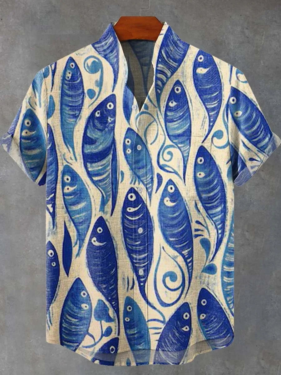 🐟 The Retro-Angler Mandarin Edition: Premium Men’s Stand-Up Collar Linen Shirt – High-Definition 3D Fish Pattern, Breathable Organic Cotton-Linen Blend, and Sophisticated Vintage Casual Silhouette ZD357