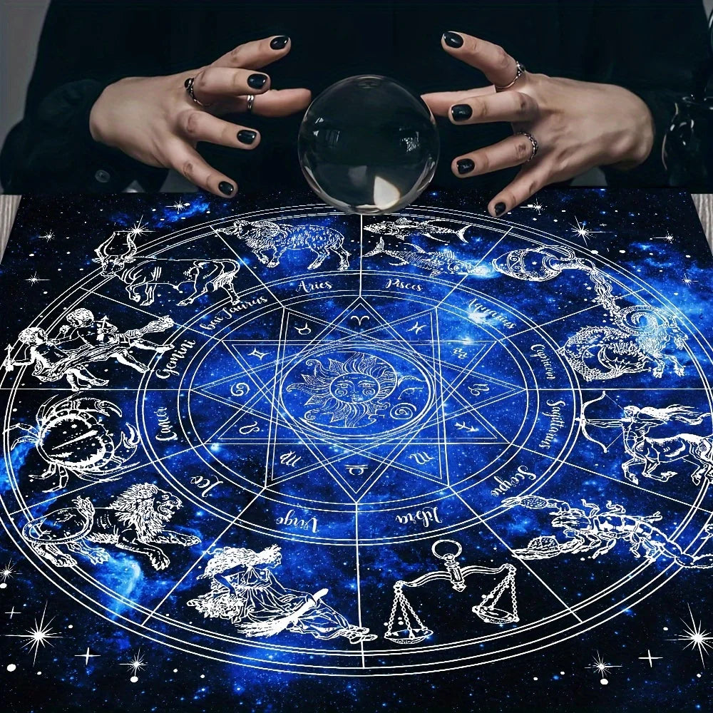 🃏 VIKAMA Zodiac Constellation Tarot Tablecloth & Coaster Set – Starry Divination Cloth for Reading Rooms, Astrology Altars & Card Protection