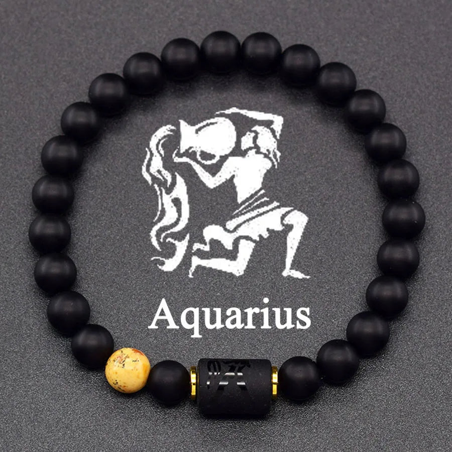 ✨ 12 Zodiac Sign Bracelet Homme – Natural Yellow Tiger Eye Stone & Hematite Constellation Bangle – Cancer, Taurus, Libra Astrology Bracelet for Women 26 Aquarius 8 mm Beads