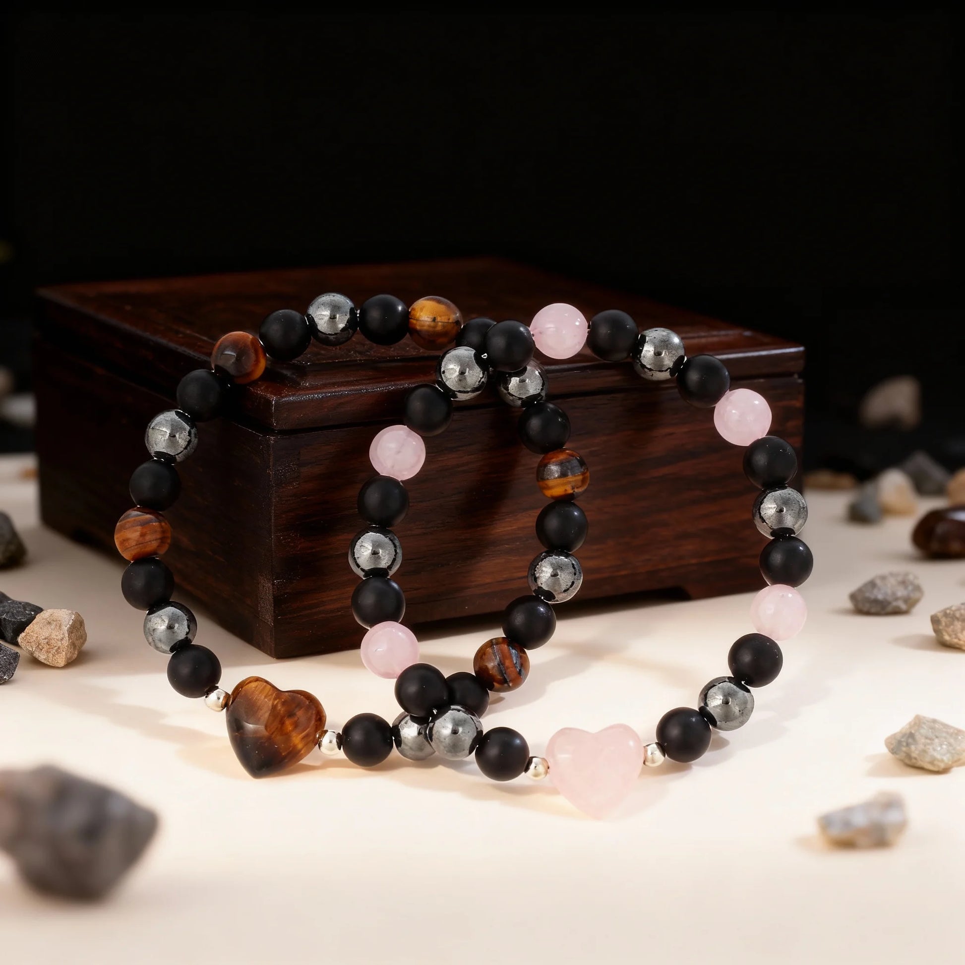 ✨ Luxury Winter Jewelry – Black, Yellow & Silvery Tiger’s Eye Hematite Brazaletes – High-Quality Natural Stone Bracelets for Family Gatherings