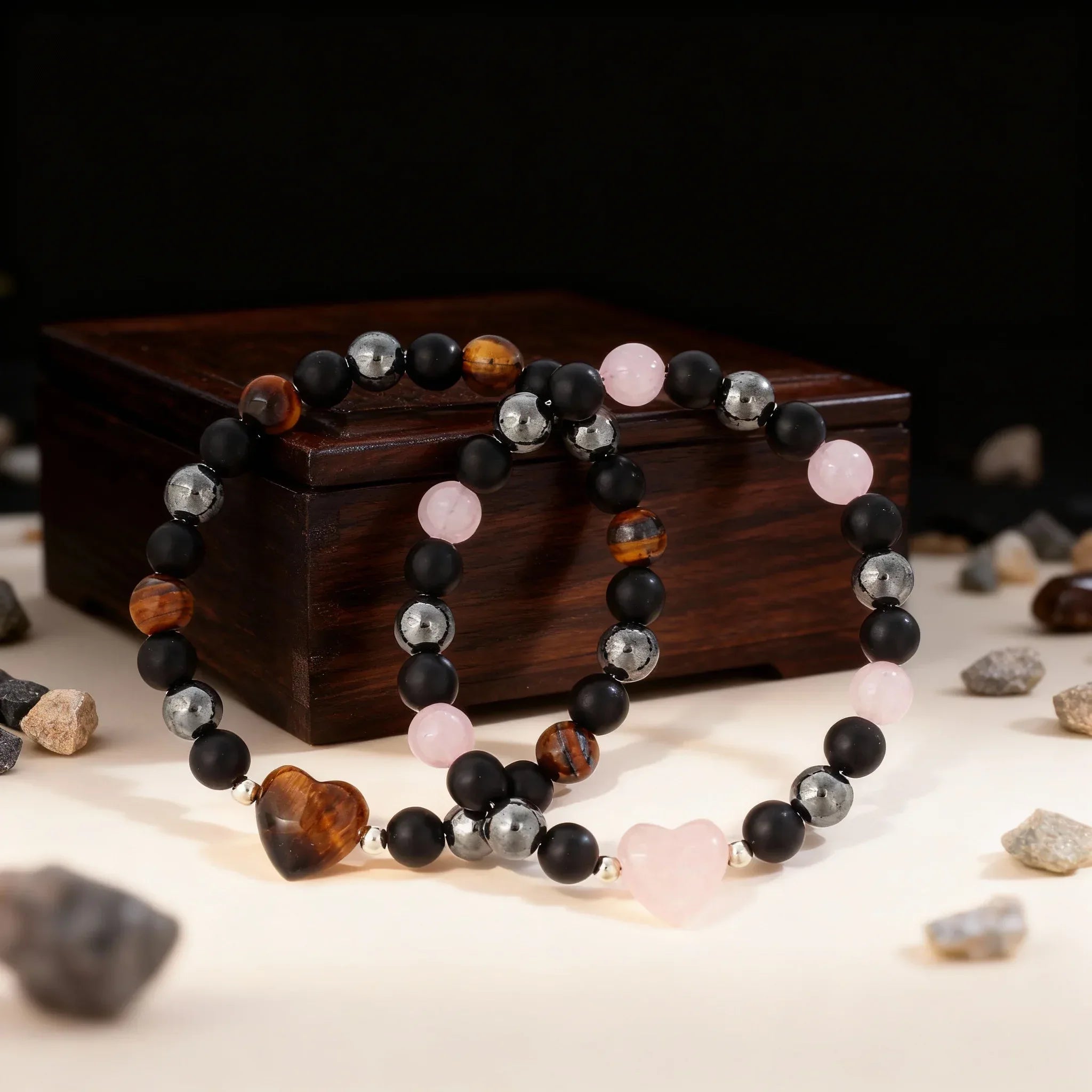 ✨ Luxury Winter Jewelry – Black, Yellow & Silvery Tiger’s Eye Hematite Brazaletes – High-Quality Natural Stone Bracelets for Family Gatherings