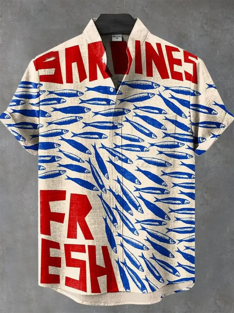 ✨ The Sovereign Zen-Fish Heritage: Premium Men's Cotton-Linen Blend Casual Shirt – Retro 3D Artistic Print, Breathable Short-Sleeve Button-Up (Ropa Casual Para Hombre) with Vintage Tailored Fit SFQQQD837