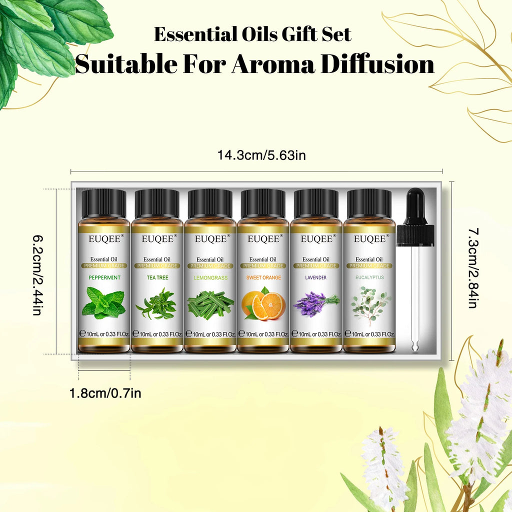 🌿 EUQEE 6-Piece Essential Oils Set – Premium Aromatic Oils for Humidifier and Diffuser, Including Lavender, Eucalyptus, Peppermint, Tea Tree, Sweet Orange, and Lemongrass﻿