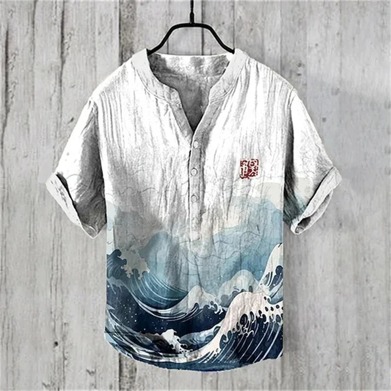 🌊 The Kanagawa Gallery Edition: Premium Men’s Summer V-Neck – High-Definition "The Great Wave off Kanagawa" Graphic Print, Breathable Linen-Blend Performance Fabric, and Sophisticated Modern-Fit Designer Tee HTY400