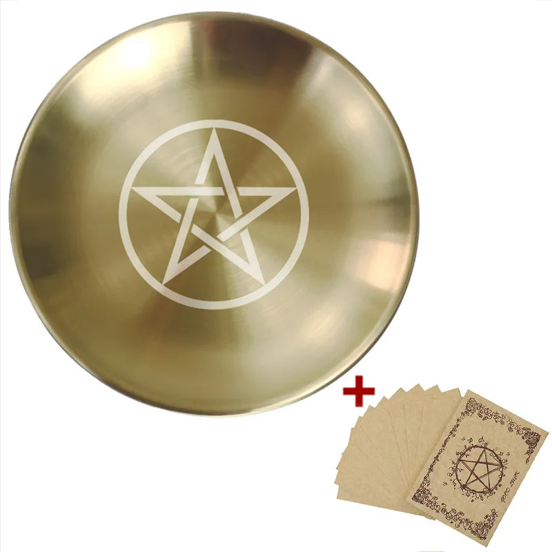 Pagan Pentagram Altar Plate – Metal Ritual Tray for Crystals, Jewelry, Candle and Incense Holder, Witchcraft Supply Essential 14cm Pentagram-Golden