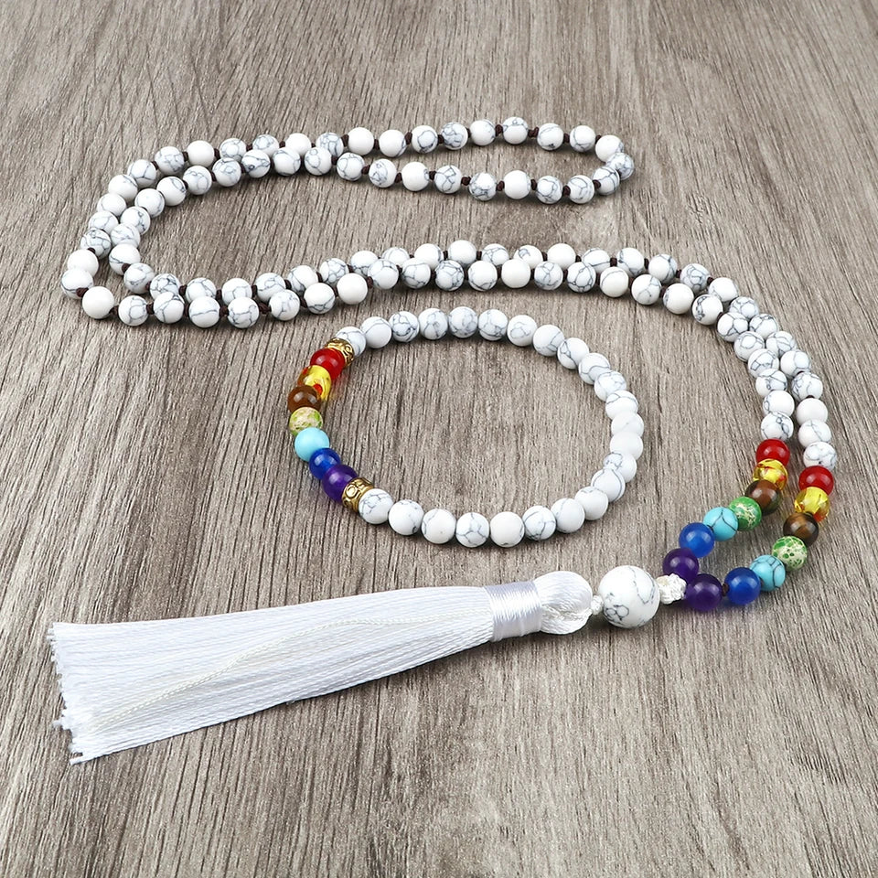 📿 108 Bead Howlite Japamala & 7 Chakra Bracelet Set: 6mm Hand-Knotted Mala Necklace – Calming Stone for Yoga Meditation & Anxiety Relief