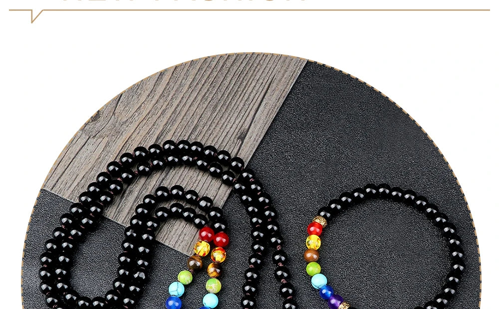 🌑 Black Onyx & 7 Chakra Mala: Shiny/Matte 108 Bead Necklace & Wrap Bracelet – Grounding, Protection & Anxiety Relief Meditation Rosary