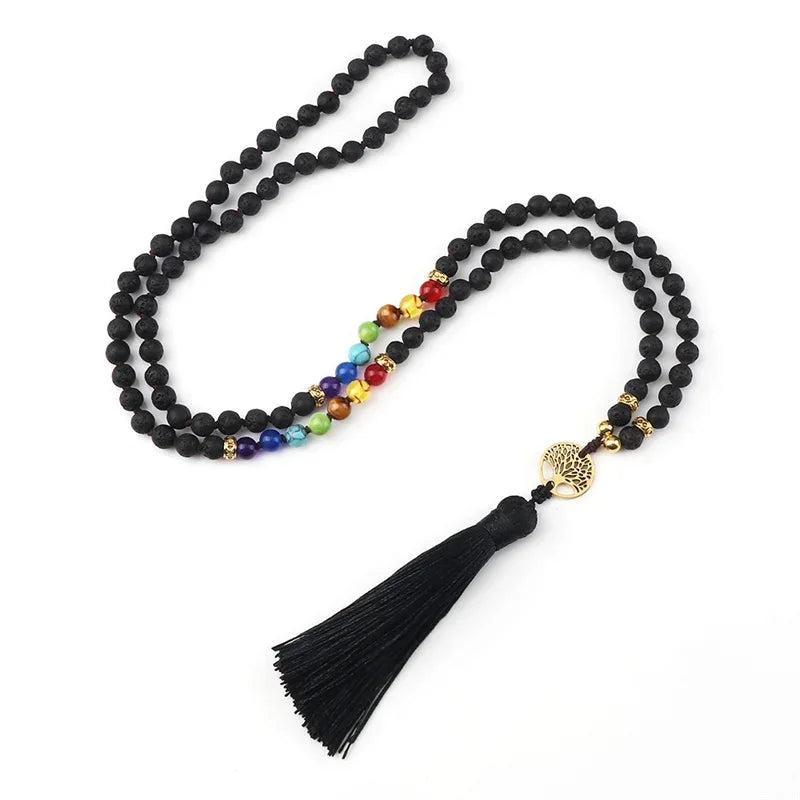 💜 Natural Purple Agate 108 Mala Necklace: Hand-Knotted Reiki Healing Stone – 7 Chakra Meditation Japamala & Boho Tassel Jewelry for Women Lava Stone