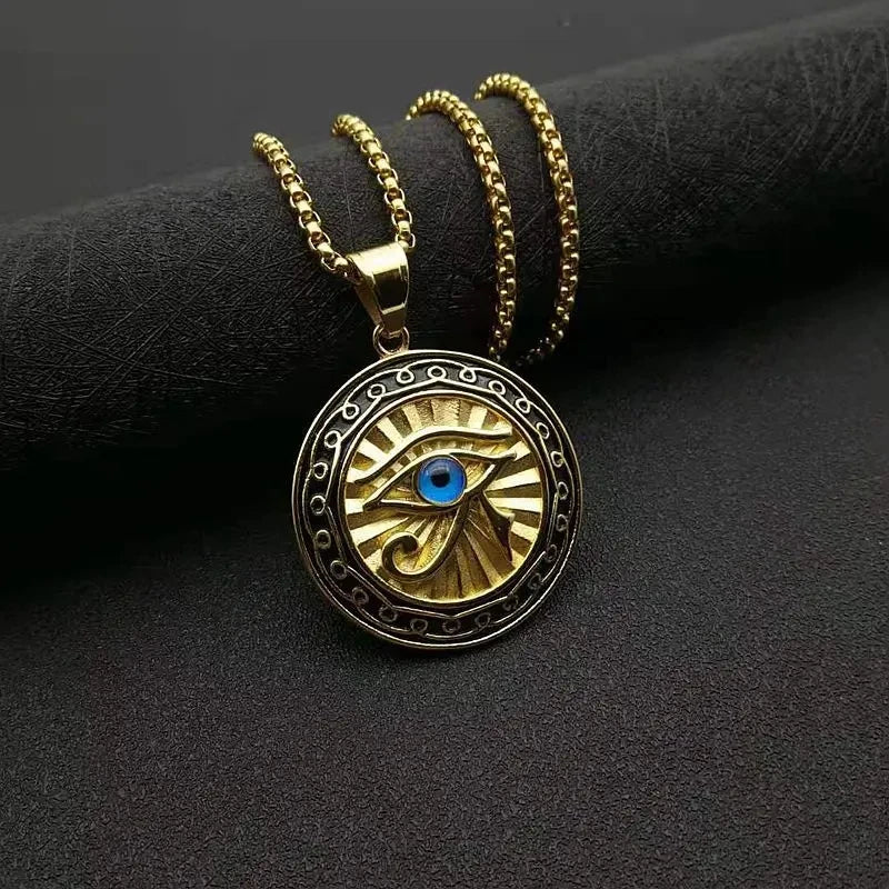 👁️ Ancient Egyptian Mythology Eye of Horus Pendant Necklace – Unisex Punk Style | Blue Eyes | Hip Hop Party Amulet Jewelry Gift AL4019-Gold