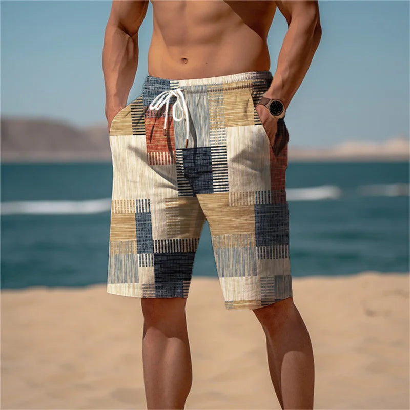 🏁 The Geometric Terry-Luxe Masterpiece: Premium Men's 3D Plaid Graphic Shorts – High-Definition Digital Print, Ultra-Soft Breathable Terry Fabric, and Mid-Rise Elastic Drawstring Waist (Daily & Beach Ready) DK2024TGBA035