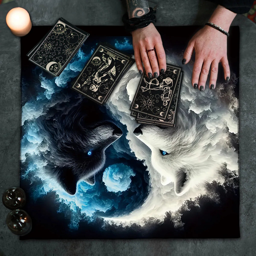 🃏Tai Chi Double Wolf Tarot Tablecloth – Yin Yang Wolf Divination Altar Cloth for Tarot Spreads, Card Games & Mystic Reading Setups