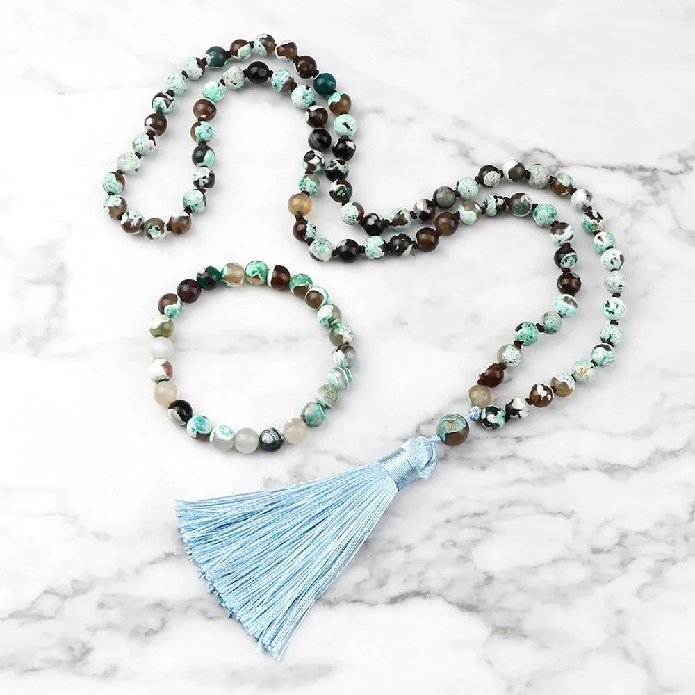 🐯 Natural Tiger Eye Stone Jewelry Set (Necklace & Bracelet): Healing Tassel Pendant & Sweater Chain – Confidence, Wealth & Protection Crystal for Women Green Fire