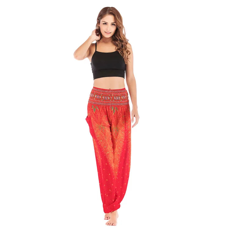🧘‍♀️ Women’s Yoga Boho Pants – Floral Print Harem Leggings with Pocket, High Waist, Elastic Waistband, and Ankle Straps
