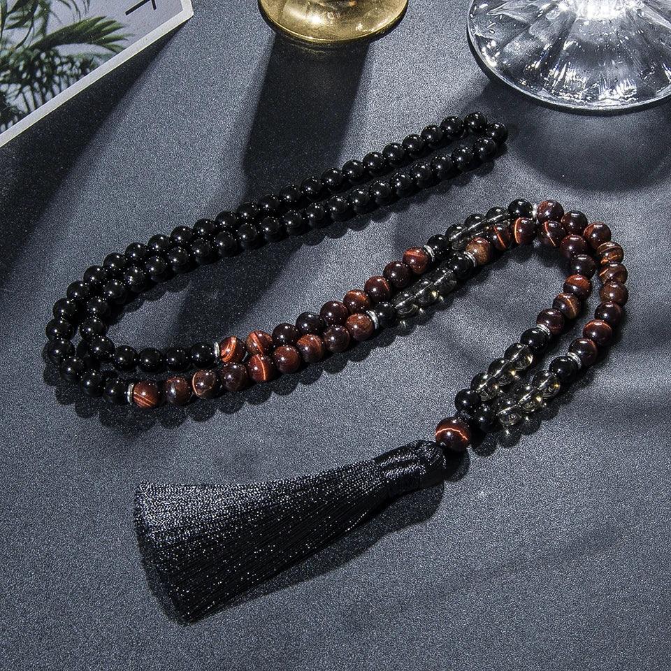 🔥 The "Ignite & Shield" Set: Red Tiger Eye & Black Onyx 108 Mala Necklace + Bracelet (Motivation & Protection)