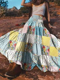 Floral Haute Couture Maxi Skirt - Elegant Boho Chic High Waist Spliced Design Mixed Color