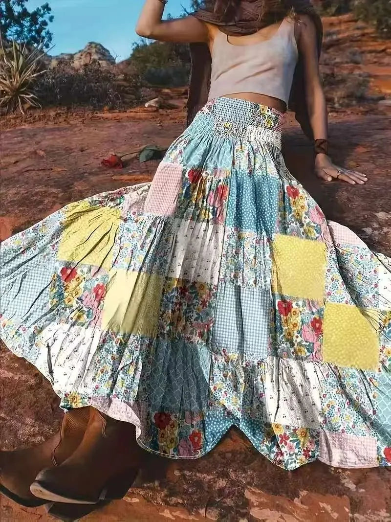 🌟 Floral Harmony High Waist Spliced Maxi Skirt – Elegant Boho Chic Fashion