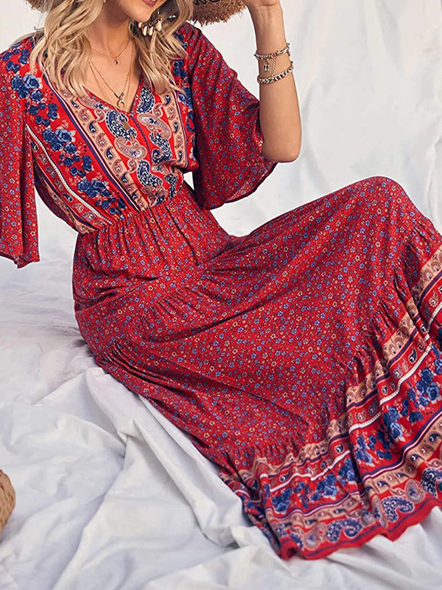 🌟 Fashion Summer Dress For Women Boho Print Design Short Sleeve V Neck Female Long Beach Dress﻿